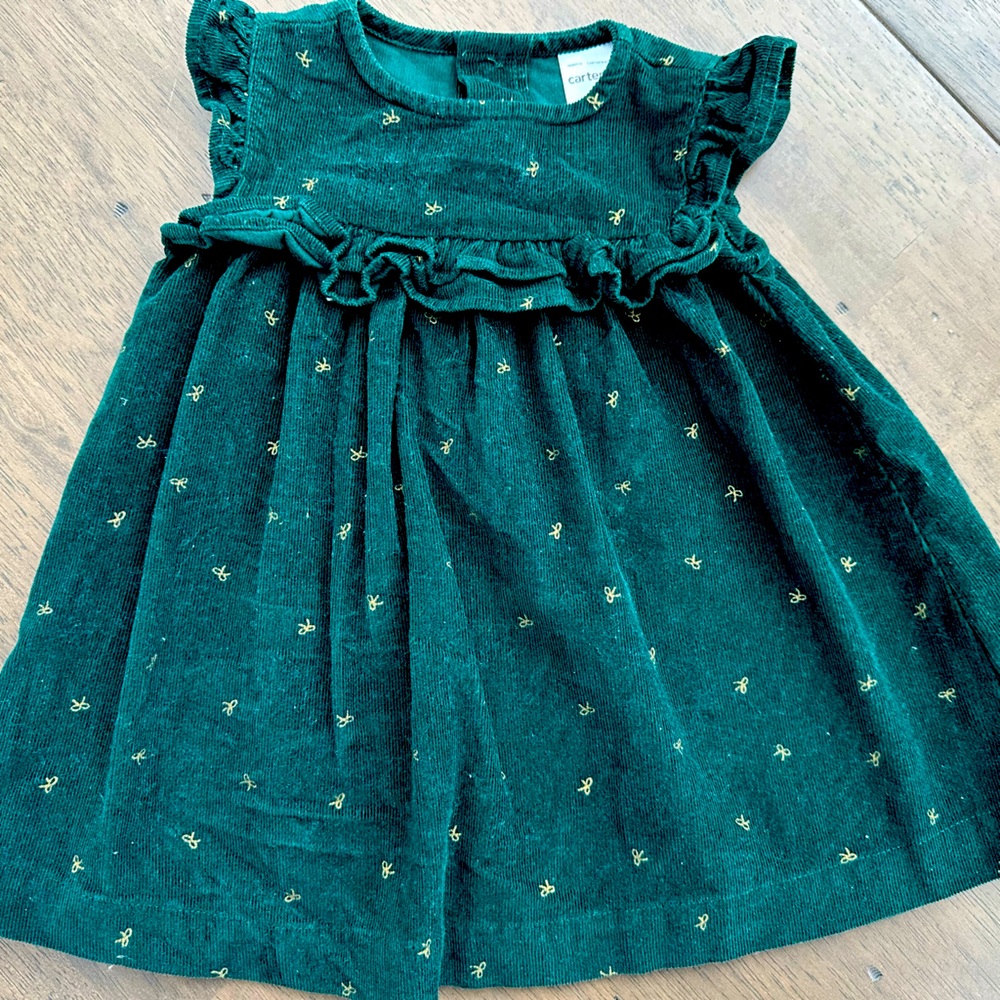 Carter’s, green with gold bows, corduroy holiday dress. 6 month